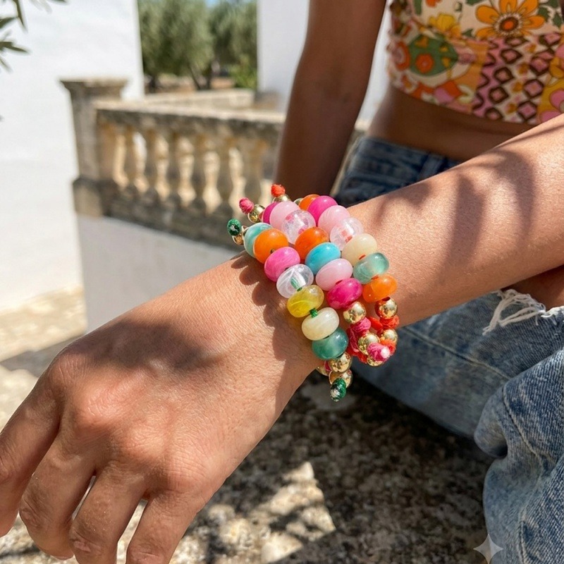 Woven Rainbow Ombre Resin Flat Bead Adjustable Wrist Strap